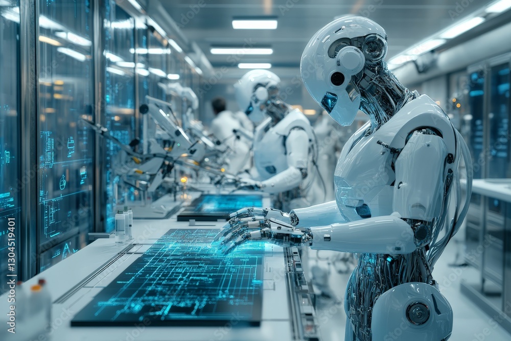 Leinwandbilder robots conducting research in a modern laboratory filled with advanced technology and glowing interf