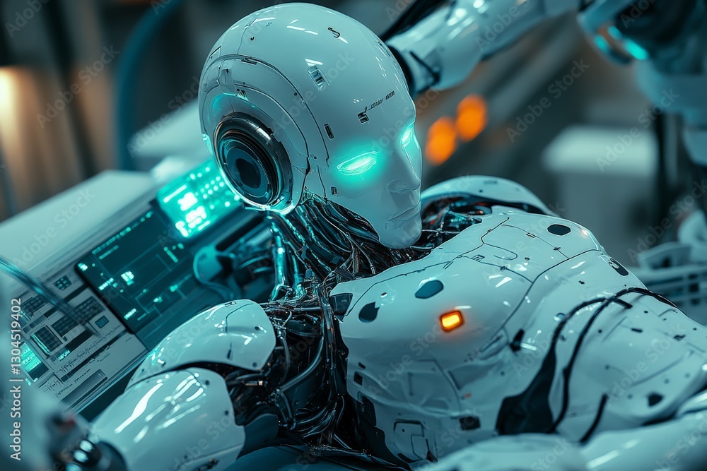 Aufkleber advanced robot lying on a high-tech operating table in a futuristic laboratory setting