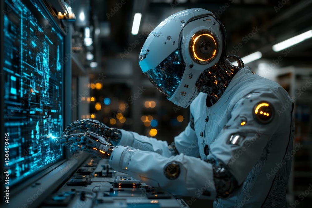 Poster robot working on advanced technology interface in a futuristic laboratory environment