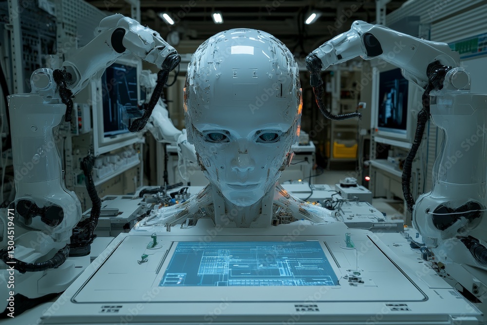Poster Robotic head and arms interact with a digital interface in an advanced technology laboratory