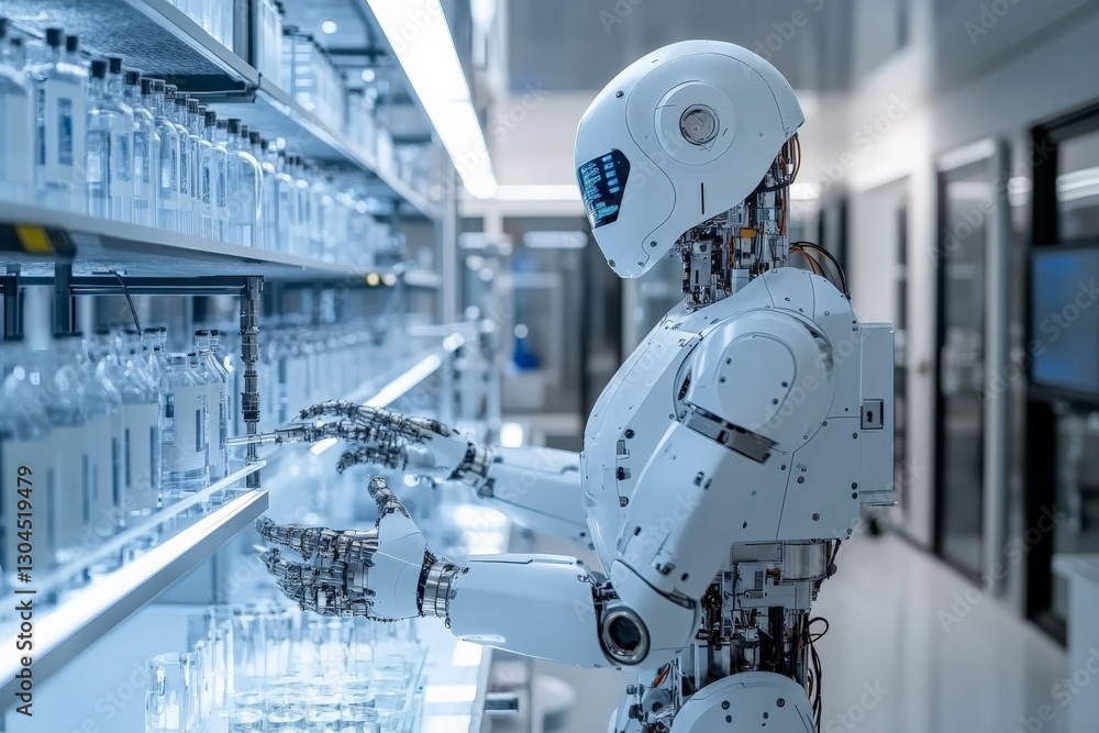 Poster advanced robot organizes glass vials in a modern laboratory setting during daytime hours