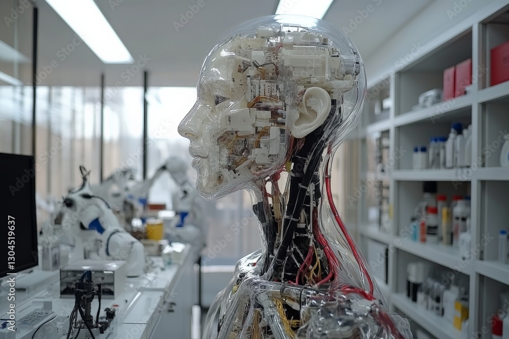 Poster innovative humanoid robot showcased in a modern laboratory with intricate wiring and technology disp