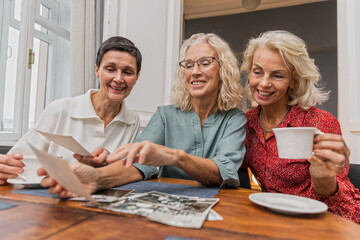 Three female aged friends gathered for communicating. Elderly elegant women look through photo...