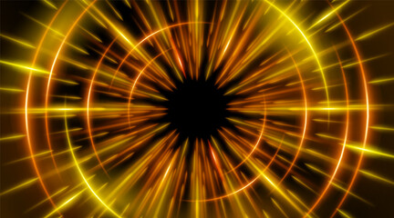 Futuristic abstract background with a radial burst of light and energy, dynamics emanating from the center. Speed. Orange, yellow light rays emit and create glowing particle effects.