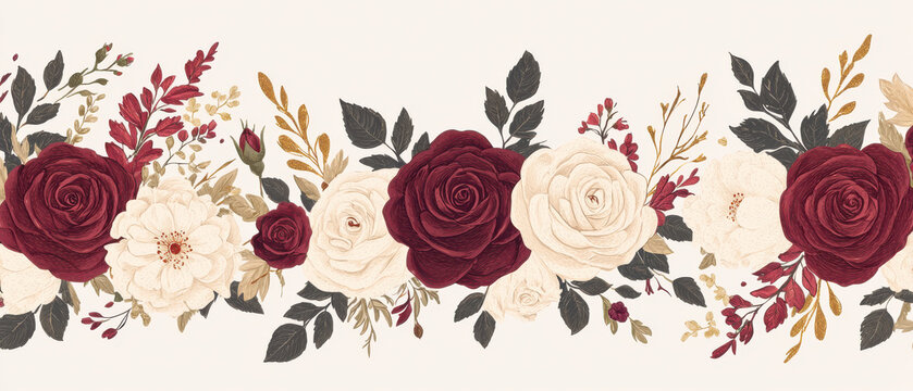 Elegant floral border with red and white roses, leaves, and delicate accents isolated design on white background
