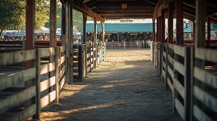 Fairgrounds animal barn aisle, sunny day, livestock show background