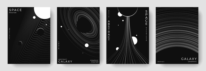 Set of abstract space astronomy backgrounds. Line art galaxy, universe, planet, black hole. Black and white science minimal concept. Cosmic modern design for cover, poster, banner, flyer, brochure