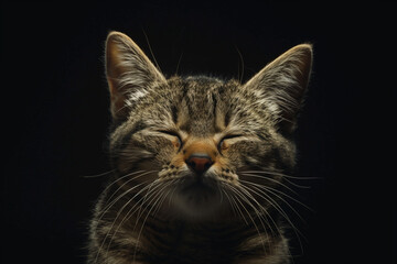 Close-up Portrait of a Tabby Cat on a Black Background. Generative AI
