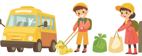 Children Picking Up Litter Near Yellow Van  Environmental Cleanup Illustration