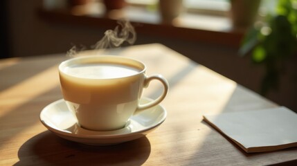 Obraz premium Warm Morning Beverage Steaming in a White Cup on Wooden Table Beside a Blank Notepad