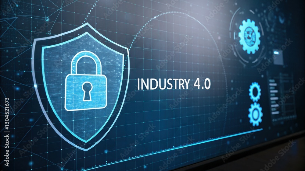 Poster a digital representation of industry 4.0 showcasing a shield symbolizing security and technology int