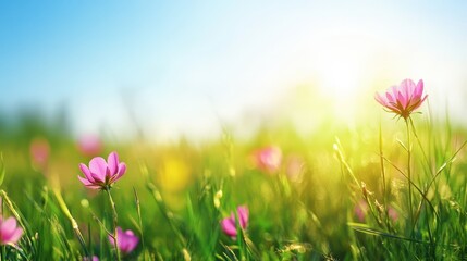 Vibrant field of pink flowers bathed in warm sunlight