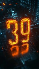 Glowing Orange Number 39 On Metallic Background With Blue And Orange Neon Light, Digital Art