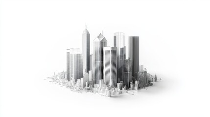 A 3D illustration of an abstract modern urban landscape features a line drawing that highlights innovative architecture, construction, and design elements from a distinct perspective