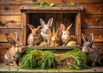 Domestic Rabbits Enjoying Grain and Grass in Farm Hutch - Rustic Animal Farm Scene