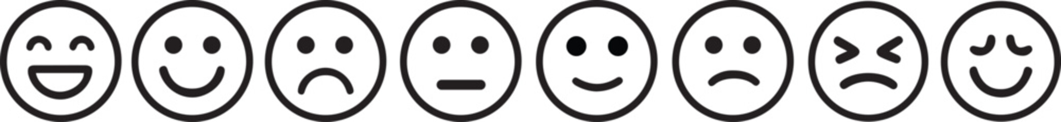 The Emoticon set features a collection of emoji faces in a flat style. Include smile, happy, sad, angry, and surprised expressions,  simple line smiley face vector illustration.