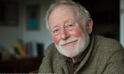 Close-Up Portrait of a Smiling Elderly Man with Freckles and White Beard