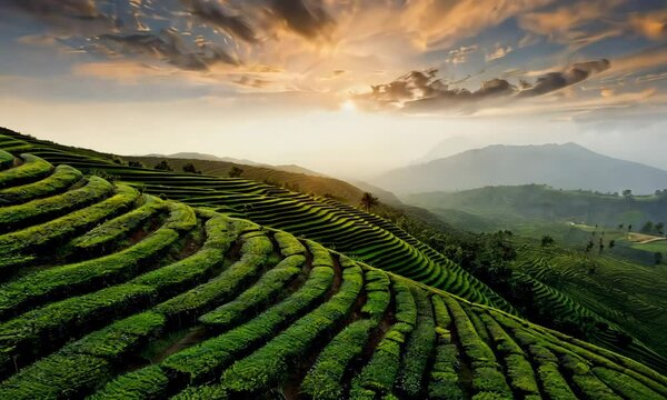 Sunsets over terraced tea fields