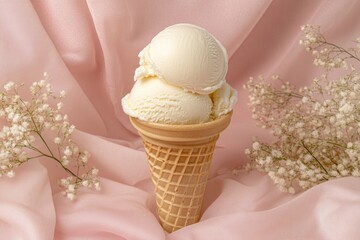 Fototapeta premium Single Scoop of Vanilla Ice Cream in a Waffle Cone Surrounded by Delicate Flowers Against a Soft Pastel Pink Backdrop