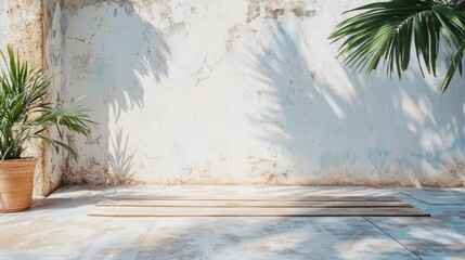 A rustic scene with plants and sunlit shadows on walls