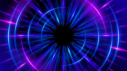 Futuristic abstract background with a radial burst of light and energy, dynamics emanating from the center. Speed. Blue, purple and pink light rays emit and create glowing particle effects.