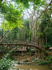 Obraz premium Bamboo bridge in Gajeboh village, Outer Baduy Tribe, Banten, Indonesia, as a connecting bridge between Baduy tribe villages. This iconic and unique bridge is one of the cultural tourism destinations
