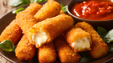 Mozzarella sticks with a crispy outer layer and melted cheese inside, served with marinara sauce for dipping, a delightful Italian starter.