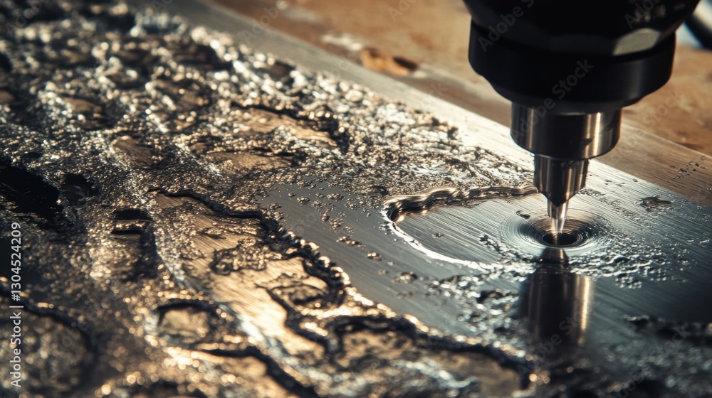 Poster automated cnc router carving precise cuts into an aluminum sheet.