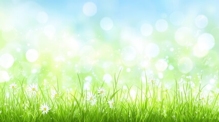 Fototapeta premium Spring Meadow Bokeh: Vibrant green grass dotted with delicate white daisies, bathed in soft, sunlit bokeh, evokes a feeling of springtime freshness and serenity.