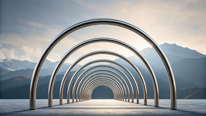 Naklejka premium Modern Architectural Arches Against Mountain Landscape with Dramatic Sky and Calm Water