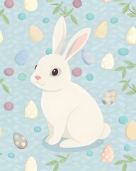 Obraz premium Charming wallpaper design featuring an Easter bunny surrounded by colorful eggs on a soft blue background background, wallpaper, opening, AI