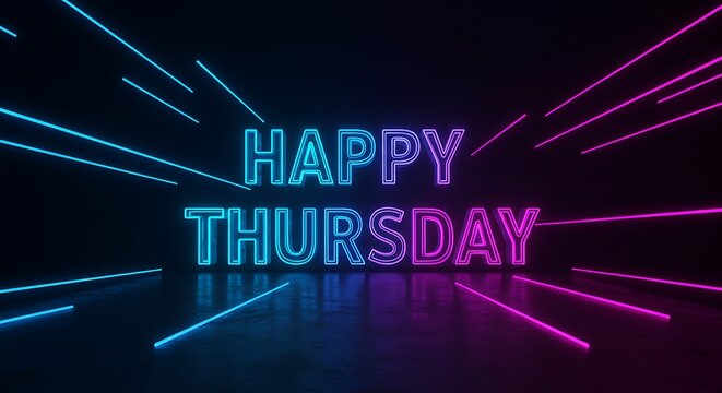 Happy Thursday Glowing Neon Sign with Abstract Light Streaks Design
