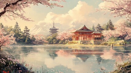 Fototapeta premium In full bloom, cherry blossoms overlook a tranquil landscape with traditional architecture in this serene spring scene.