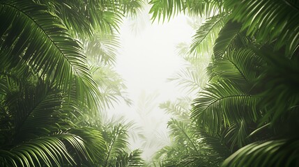 Obraz premium Lush Green Tropical Jungle with Sunlight Streaming Through Palm Tree Leaves