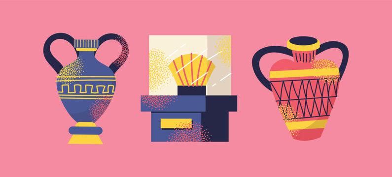 Ancient artifacts and museum objects vases, statues, columns, frames, bones, skull, tickets, and display cases on a pink background. Colorful flat vector illustration. History, archaeology cultural