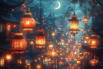  Magical Night Scene with Glowing Lanterns and Traditional Architecture