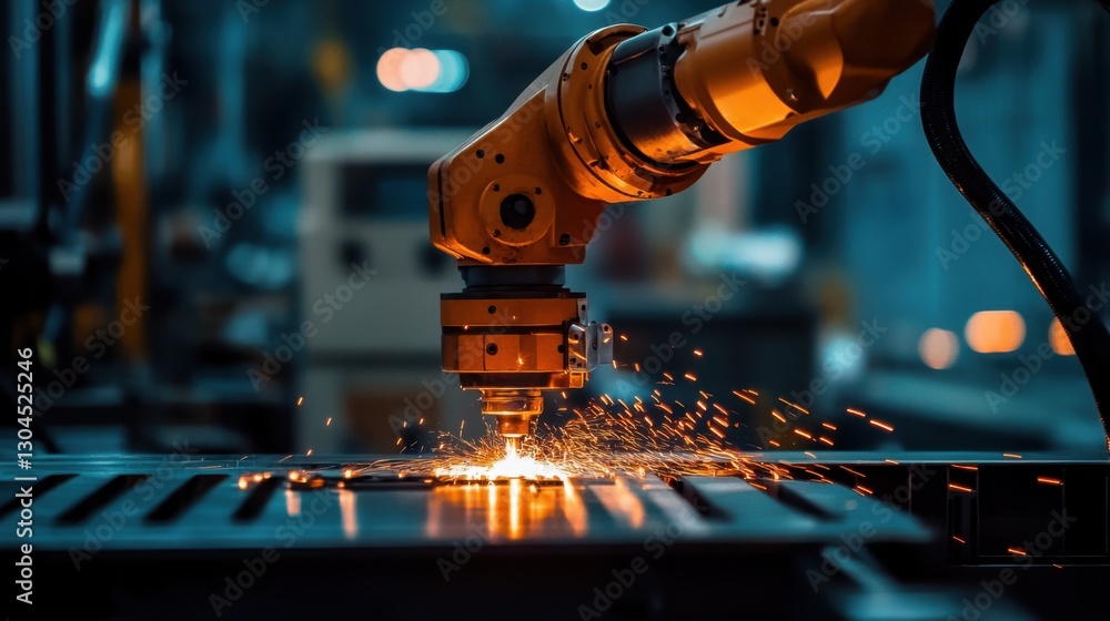 Poster automated robotic welding arm fusing metal parts on a production line.
