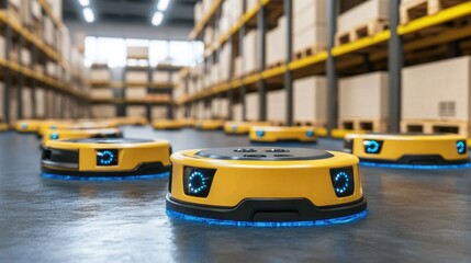 Automated robotic warehouse production line organizing inventory.