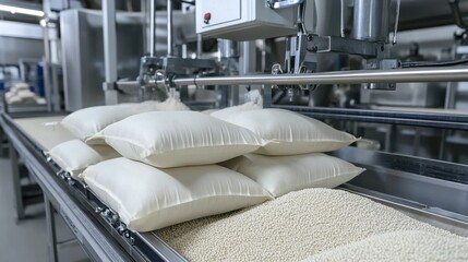 Automatic weighing and packing machine filling bags with grains.