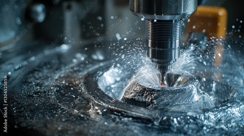 Poster close-up of a cnc spindle cutting into a solid block of steel.