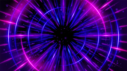 Futuristic abstract background with a radial burst of light and energy, dynamics emanating from the center. Speed. Blue, purple and pink light rays emit and create glowing particle effects.