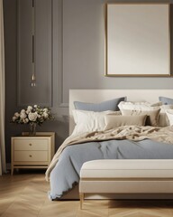 Serene bedroom with blue bedding, beige throw, and wooden floor.
