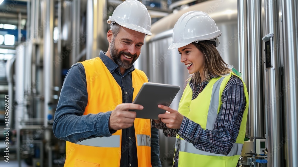 Poster two factory workers in safety gear discussing operations while using a tablet in an industrial setti