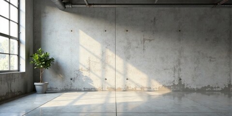 Sunlit Industrial Interior Minimalist Room with Plant and Exposed Concrete Walls