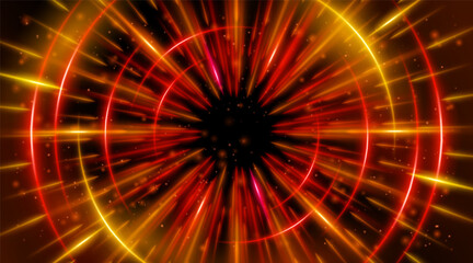 Futuristic abstract background with a radial burst of light and energy, dynamics emanating from the center. Speed. Red, orange and yellow light rays emit and create glowing particle effects.
