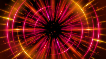 Futuristic abstract background with a radial burst of light and energy, dynamics emanating from the center. Speed. Red, orange and yellow light rays emit and create glowing particle effects.