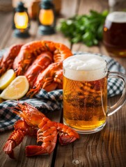Bock Beer Day In A Bavarian Beer Hall. A frothy mug of bock beer on a long wooden table in a lively Bavarian beer hall.