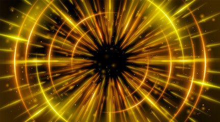Futuristic abstract background with a radial burst of light and energy, dynamics emanating from the center. Speed. Red, orange and yellow light rays emit and create glowing particle effects.