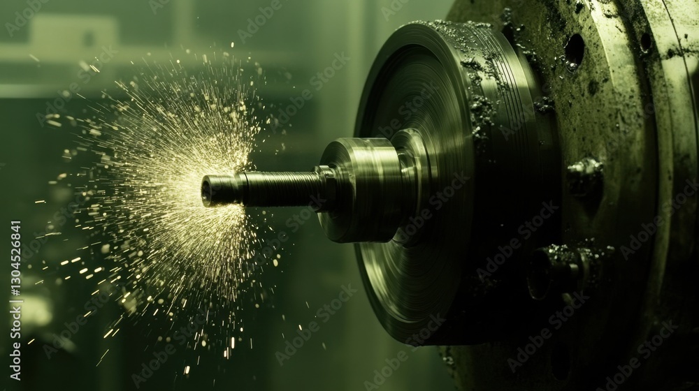 Aufkleber cnc turret lathe machine rotating and cutting a precision steel component.