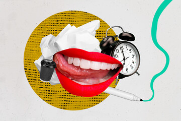 3d sketch poster trend collage image of happy mouth lick lips crumpled paper supplies marker alarm...